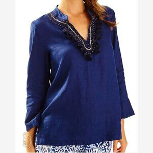 Lilly Pulitzer Amelia Island Tunic Top True Navy Women's XS Linen Fringe Preppy